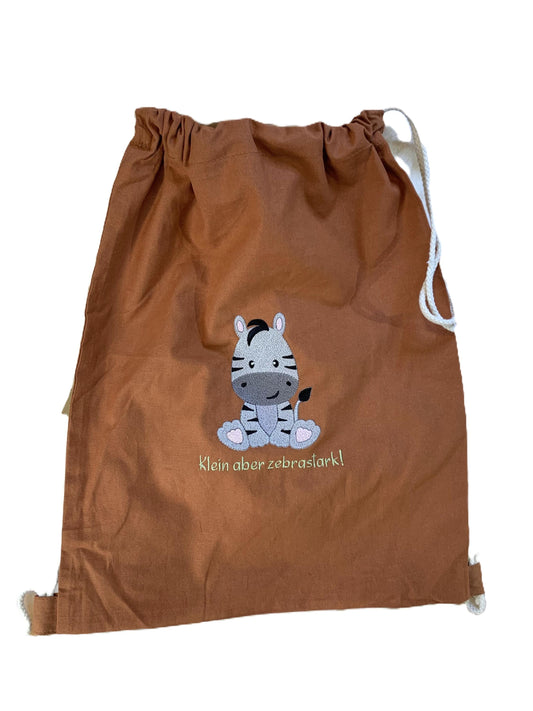 Personalisierter Turnbeutel "Zebra" Name wählbar, bestickt, Geschenk Einschulung Sportbeutel Kindergarten Sportrucksack  versch. Farben