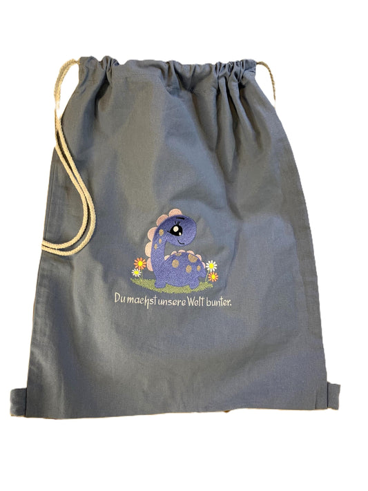 Personalisierter Turnbeutel "Dino" Name wählbar, bestickt, Geschenk Einschulung Sportbeutel Kindergarten Sportrucksack  versch. Farben